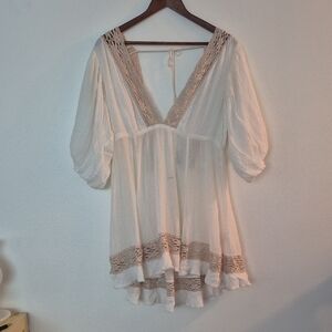NWOT Free People Boho Festival Gauzy Cotton Dress Crochet Trim Oversized